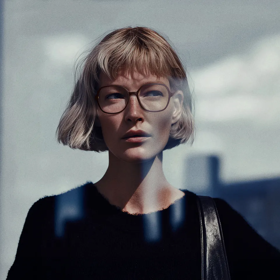 Monture Klenze & Baum Bassi portée par une femme, portrait en extérieur sur un toit