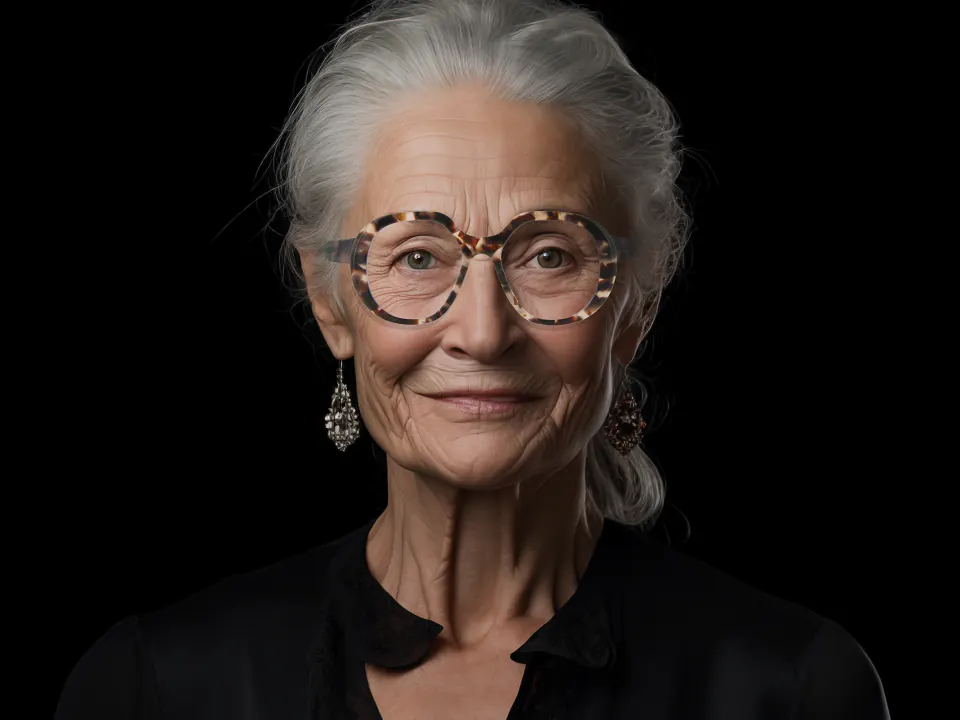 Funk & Schuster — monture ronde Otto en acétate écaille claire, portée par une femme aux cheveux gris sur fond noir