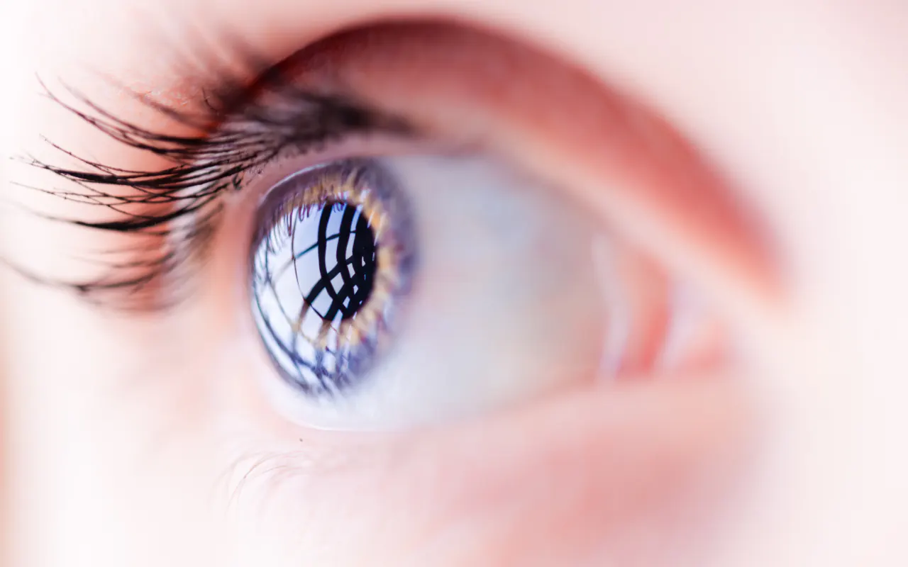Orthokératologie : gros plan sur l’iris et la cornée d’un œil